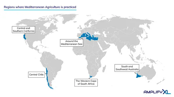 Regions where Mediterranean Agriculture is practiced